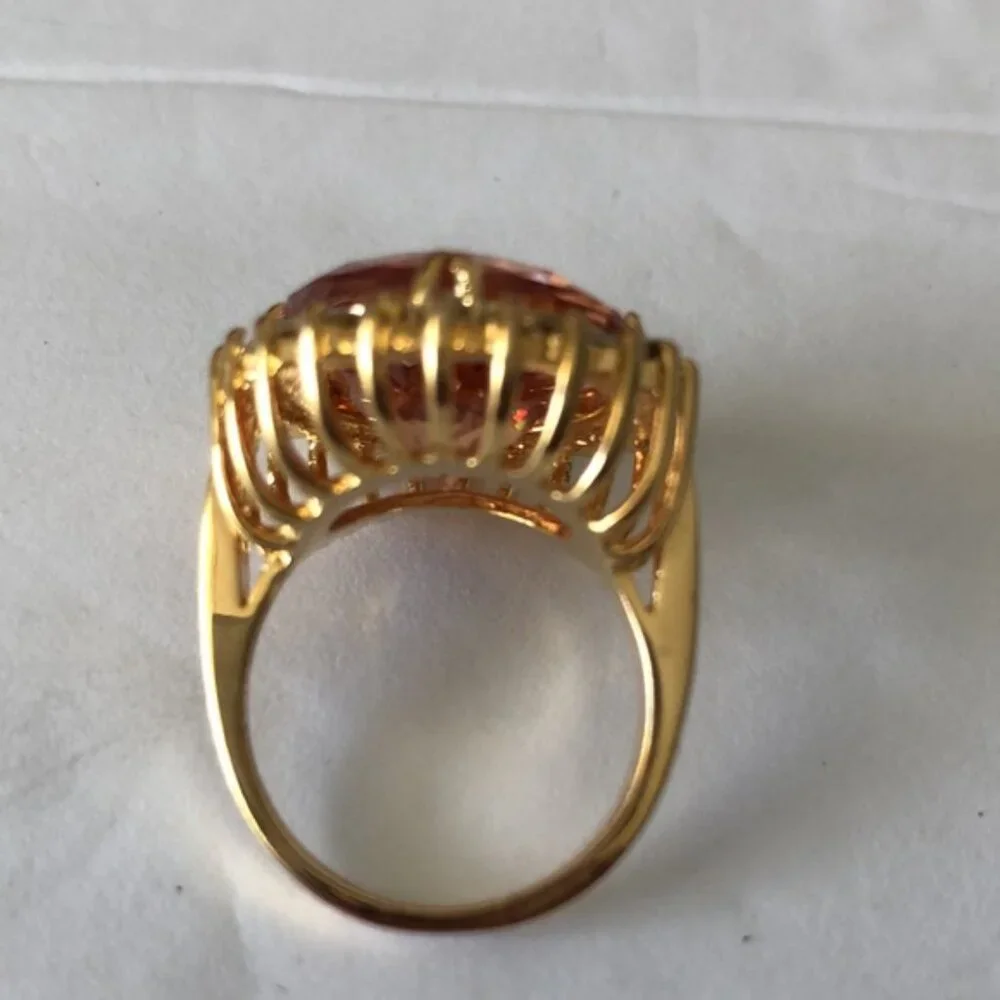 Cocktail Ring Gold Plated w Round Champagne Stone & Surround CZ Stones Sz.7.25